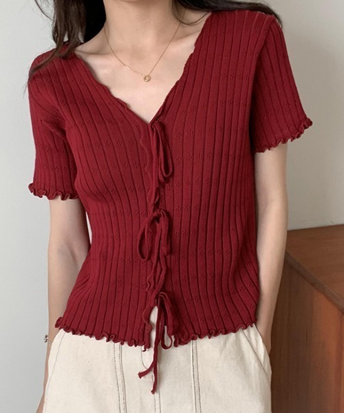 Teem Store(チームストア)の「フロントリボンメロウリブリボンVネックニットソー 半袖(Tシャツ/カットソー・レディース・ワイン/ホワイト/ピンク/ブラック・F)」の12枚目の写真