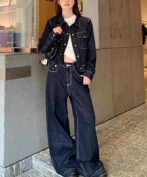 semplice(センプリチェ)の「ショートデニムジャケット + ハイウエストワイドレッグデニムパンツ セットアップ(セットアップ・レディース・ブルー・XL/L/M/S)」の9枚目の写真