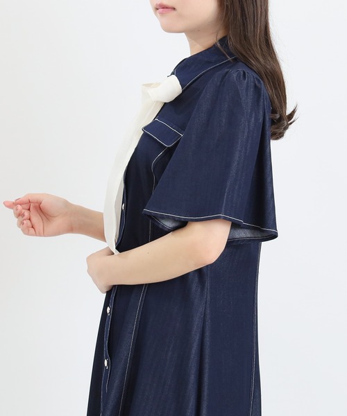 ASTORIA ODIER(アストリアオディール)の「配色リボンデニム風ワンピース(ワンピース・レディース・インディゴブルー/グレー・MEDIUM/LARGE)」の7枚目の写真