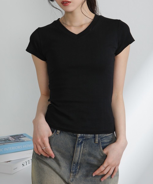 pumpkin port（パンプキンポート）の「Vネック 半袖Tシャツ（Tシャツ/カットソー・レディース・グレー/ブラック/アイボリー・M）」の18枚目の写真