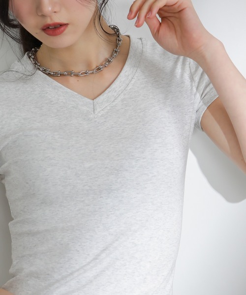 pumpkin port（パンプキンポート）の「Vネック 半袖Tシャツ（Tシャツ/カットソー・レディース・グレー/ブラック/アイボリー・M）」の14枚目の写真