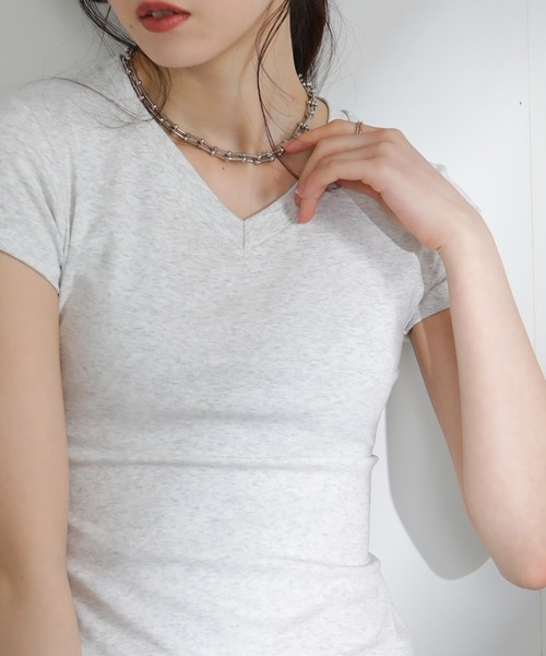 pumpkin port（パンプキンポート）の「Vネック 半袖Tシャツ（Tシャツ/カットソー・レディース・グレー/ブラック/アイボリー・M）」の13枚目の写真