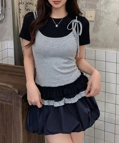 lilful(リルフル)の「【26年春夏新作】フリルティアードフェイクレイヤード半袖Tシャツ(Tシャツ/カットソー・レディース・ホワイト/ブラック・F)」の2枚目の写真