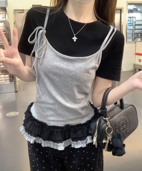 lilful(リルフル)の「【26年春夏新作】フリルティアードフェイクレイヤード半袖Tシャツ(Tシャツ/カットソー・レディース・ホワイト/ブラック・F)」の6枚目の写真
