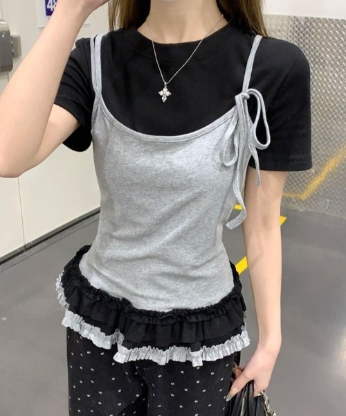 lilful(リルフル)の「【26年春夏新作】フリルティアードフェイクレイヤード半袖Tシャツ(Tシャツ/カットソー・レディース・ホワイト/ブラック・F)」の7枚目の写真