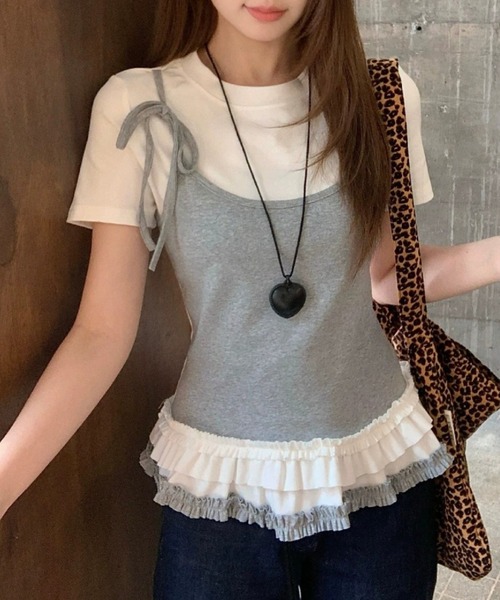 lilful(リルフル)の「【26年春夏新作】フリルティアードフェイクレイヤード半袖Tシャツ(Tシャツ/カットソー・レディース・ホワイト/ブラック・F)」の4枚目の写真