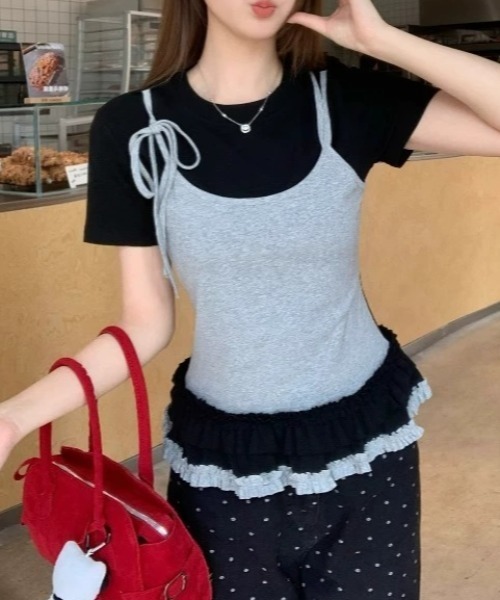 lilful(リルフル)の「【26年春夏新作】フリルティアードフェイクレイヤード半袖Tシャツ(Tシャツ/カットソー・レディース・ホワイト/ブラック・F)」の10枚目の写真