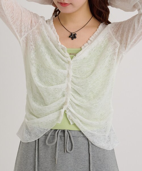 w closet(ダブルクローゼット)の「【5色展開】なみなみシアーカーデ(カーディガン/ボレロ・レディース・ピンク/グリーン/オフホワイト/ブルー/ブラック・FREE)」の6枚目の写真