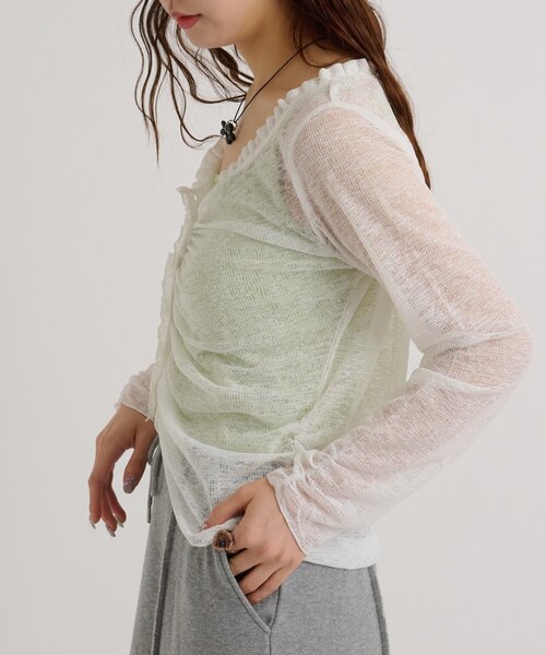 w closet(ダブルクローゼット)の「【5色展開】なみなみシアーカーデ(カーディガン/ボレロ・レディース・ピンク/グリーン/オフホワイト/ブルー/ブラック・FREE)」の8枚目の写真