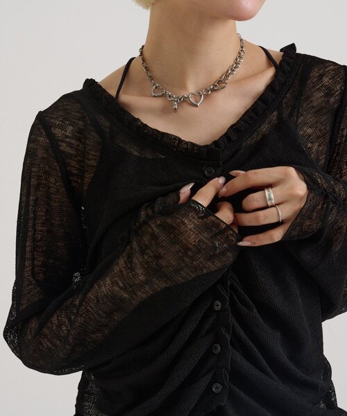 w closet(ダブルクローゼット)の「【5色展開】なみなみシアーカーデ(カーディガン/ボレロ・レディース・ピンク/グリーン/オフホワイト/ブルー/ブラック・FREE)」の21枚目の写真