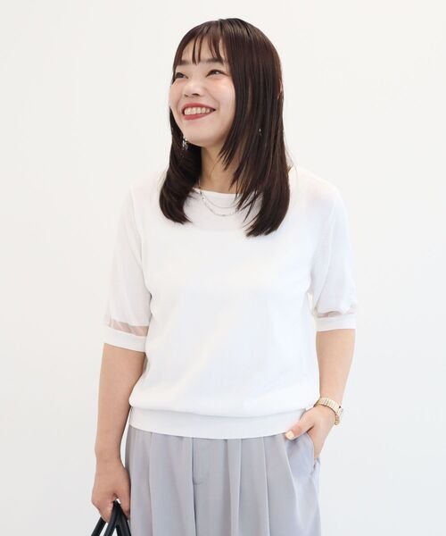 Green Parks(グリーンパークス)の「袖シアーニットプルオーバー(Tシャツ/カットソー・レディース・モカ/ブラック/オフホワイト/ブルー・FREE)」の2枚目の写真
