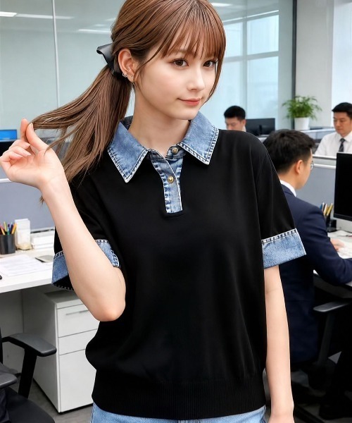 LETee(レティー)の「デニム切替でこなれ感アップ!大人カジュアルな異素材ドッキングトップス(ニット/セーター・レディース・グレー/ベージュ/ブラック・FREE)」の4枚目の写真