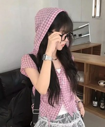 フード付きチェック柄ショートシャツ/チェック柄 フード付き サイドドロスト ショート半袖シャツ