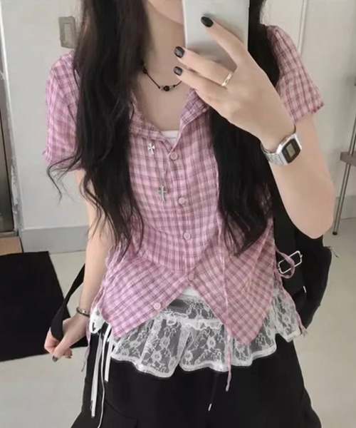 AVYL(アヴィル)の「フード付きチェック柄ショートシャツ/チェック柄 フード付き サイドドロスト ショート半袖シャツ(シャツ/ブラウス・レディース・ピンク/グレー/ブラック・M)」の12枚目の写真