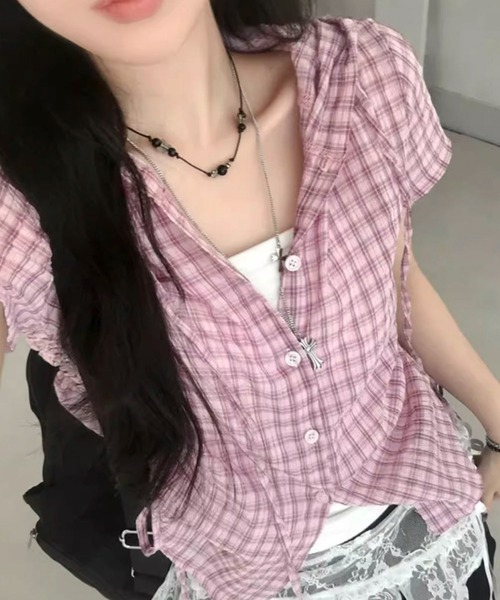 AVYL(アヴィル)の「フード付きチェック柄ショートシャツ/チェック柄 フード付き サイドドロスト ショート半袖シャツ(シャツ/ブラウス・レディース・ピンク/グレー/ブラック・M)」の7枚目の写真
