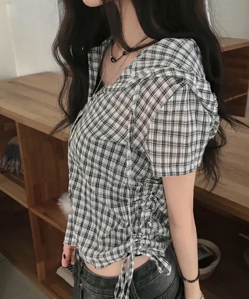 AVYL(アヴィル)の「フード付きチェック柄ショートシャツ/チェック柄 フード付き サイドドロスト ショート半袖シャツ(シャツ/ブラウス・レディース・ピンク/グレー/ブラック・M)」の17枚目の写真