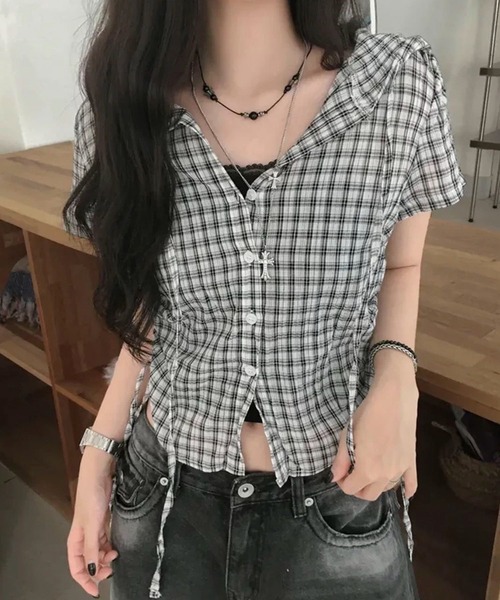 AVYL(アヴィル)の「フード付きチェック柄ショートシャツ/チェック柄 フード付き サイドドロスト ショート半袖シャツ(シャツ/ブラウス・レディース・ピンク/グレー/ブラック・M)」の9枚目の写真