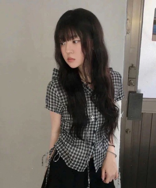 AVYL(アヴィル)の「フード付きチェック柄ショートシャツ/チェック柄 フード付き サイドドロスト ショート半袖シャツ(シャツ/ブラウス・レディース・ピンク/グレー/ブラック・M)」の15枚目の写真