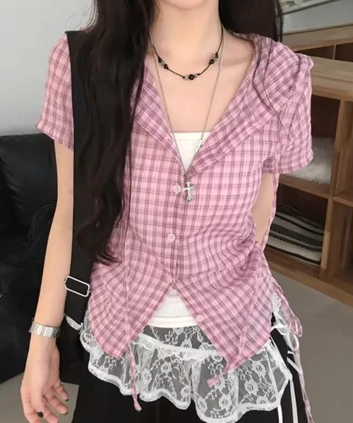 AVYL(アヴィル)の「フード付きチェック柄ショートシャツ/チェック柄 フード付き サイドドロスト ショート半袖シャツ(シャツ/ブラウス・レディース・ピンク/グレー/ブラック・M)」の20枚目の写真