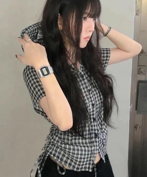 AVYL(アヴィル)の「フード付きチェック柄ショートシャツ/チェック柄 フード付き サイドドロスト ショート半袖シャツ(シャツ/ブラウス・レディース・ピンク/グレー/ブラック・M)」の21枚目の写真