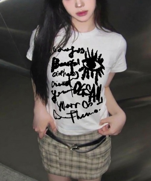 LADY LIKE(レディライク)の「アイデザインアートプリントコンパクト半袖Tシャツ(Tシャツ/カットソー・レディース・ホワイト/グレー/イエロー・M)」の2枚目の写真