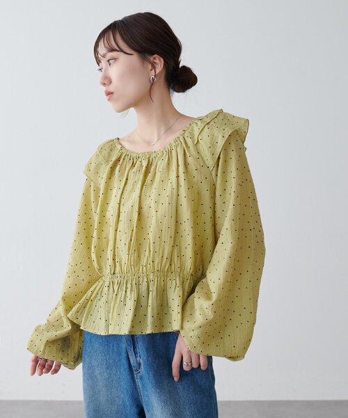 DISCOAT(ディスコート)の「ドット柄肩フリルブラウス(シャツ/ブラウス・レディース・グリーン系その他2/ネイビー/オフホワイト・FREE)」の16枚目の写真