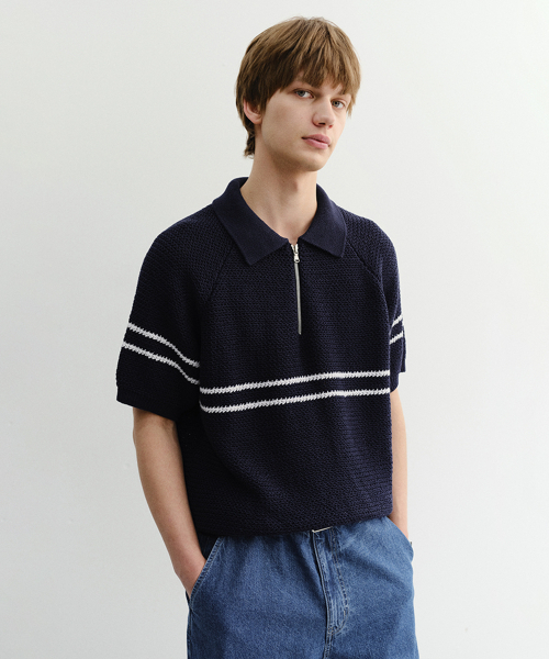 Поло‑свитер с 1/2 молнией в полоску HALF ZIP‑UP STRIPED POLO KNIT_UDSW6B322_DARK NAVY