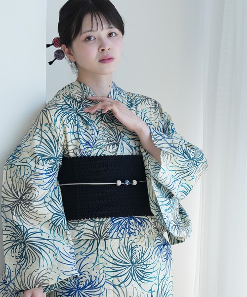セール】浴衣3点セット 綿麻 先染めベージュ 涼しげ上品糸菊（浴衣