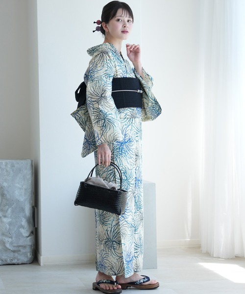 セール】浴衣3点セット 綿麻 先染めベージュ 涼しげ上品糸菊（浴衣