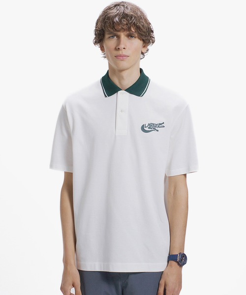 現行 LACOSTE ラコステ モダングラフィック 総柄ポロシャツ 美品 ワニ ワニロゴグラフィックボーダーポロシャツ（ポロシャツ）｜LACOSTE