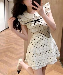 水玉柄 ピーターパンカラー フリルスリーブ レースヘム ミニワンピース
