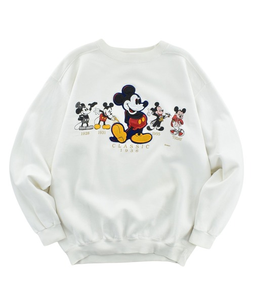 DISNEY VINTAGE(ディズニーヴィンテージ)の「【USED】90's Disney “Mickey Classics / 1928 - TODAY” ワッペン スウェット USA製(スウェット・メンズ・ホワイト・X-LARGE)」の1枚目の写真