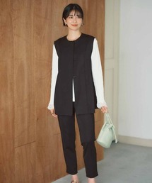 IEDIT きちんと見えてのびやかな デザインジレとテーパードパンツのすっきりセットアップ〈ブラック〉
