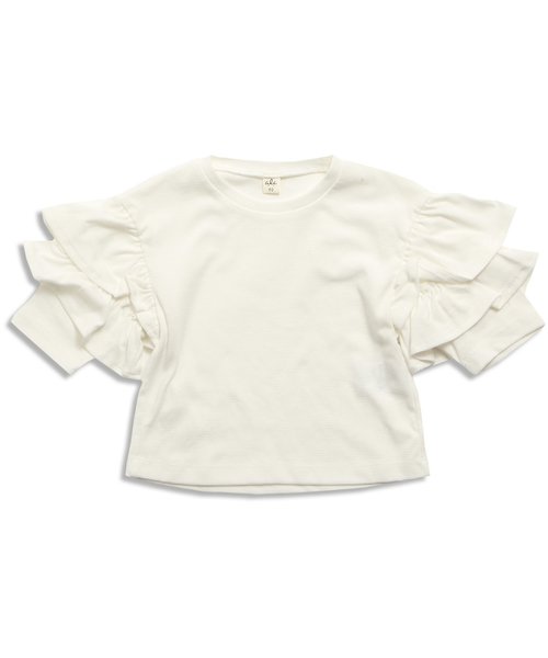 apres les cours（アプレレクール）の「袖2段フリル7分袖Тシャツ（Tシャツ/カットソー・キッズ・ピンク/オフホワイト・140/100/120/90/130/110/80）」の2枚目の写真