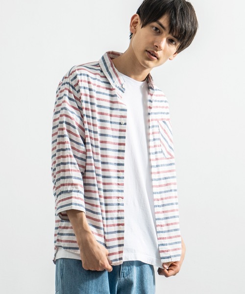 Rocky Monroe（ロッキーモンロー）の「7分袖ポプリンシャツ ブロードシャツ 無地 チェックシャツ（シャツ/ブラウス・メンズ・J/O/ピンク/A/ブルー/B/G/オフホワイト/F/S/T/ミント/イエロー/ラベンダー/C/D/E/I/P/R/サックスブルー/H/Q/K/L/ホワイト系その他/ブルー系その他2/カーキ/ブルー系その他/ブルー系その他6/ホワイト系その他4/ネイビー/ホワイト系その他2/ブルー系その他5/レッド系その他/ブラック系その他/ホワイト系その他3/ブラック系その他2/ブルー系その他4/ブルー系その他3/ブルー系その他7/レッド系その他2/ブラウン系その他/ブラック/チャコール/テラコッタ/グレー系その他/グレー系その他2・L/XL/M）」の3枚目の写真