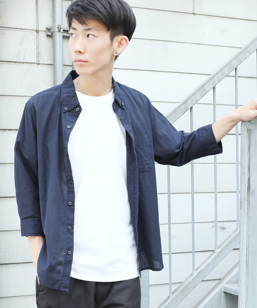 Rocky Monroe（ロッキーモンロー）の「7分袖ポプリンシャツ ブロードシャツ 無地 チェックシャツ（シャツ/ブラウス・メンズ・J/O/ピンク/A/ブルー/B/G/オフホワイト/F/S/T/ミント/イエロー/ラベンダー/C/D/E/I/P/R/サックスブルー/H/Q/K/L/ホワイト系その他/ブルー系その他2/カーキ/ブルー系その他/ブルー系その他6/ホワイト系その他4/ネイビー/ホワイト系その他2/ブルー系その他5/レッド系その他/ブラック系その他/ホワイト系その他3/ブラック系その他2/ブルー系その他4/ブルー系その他3/ブルー系その他7/レッド系その他2/ブラウン系その他/ブラック/チャコール/テラコッタ/グレー系その他/グレー系その他2・L/XL/M）」の17枚目の写真