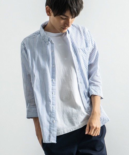 Rocky Monroe（ロッキーモンロー）の「7分袖ポプリンシャツ ブロードシャツ 無地 チェックシャツ（シャツ/ブラウス・メンズ・J/O/ピンク/A/ブルー/B/G/オフホワイト/F/S/T/ミント/イエロー/ラベンダー/C/D/E/I/P/R/サックスブルー/H/Q/K/L/ホワイト系その他/ブルー系その他2/カーキ/ブルー系その他/ブルー系その他6/ホワイト系その他4/ネイビー/ホワイト系その他2/ブルー系その他5/レッド系その他/ブラック系その他/ホワイト系その他3/ブラック系その他2/ブルー系その他4/ブルー系その他3/ブルー系その他7/レッド系その他2/ブラウン系その他/ブラック/チャコール/テラコッタ/グレー系その他/グレー系その他2・L/XL/M）」の6枚目の写真