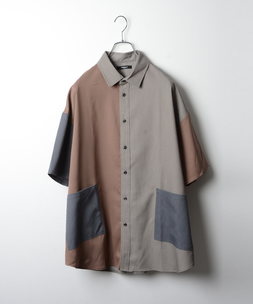 MORGAN HOMME(モルガンオム)の「切り替え配色ルーズシルエット半袖シャツ(シャツ/ブラウス)」|ブラウン