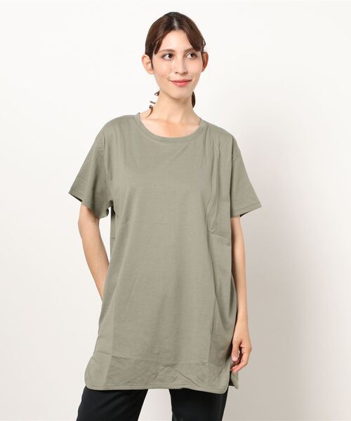 JEANS MATE(ジーンズメイト)の「Tチュニック ロング丈Tシャツ 汗染み防止加工素材 ビッグシルエット/オーバーサイズ 前後差(チュニック・レディース・ホワイト/ブラック/ピンク系その他/ライトグリーン/カーキ/ブルー/サックスブルー/ネイビー/ライトベージュ/ブラウン・MEDIUM/LARGE)」の5枚目の写真