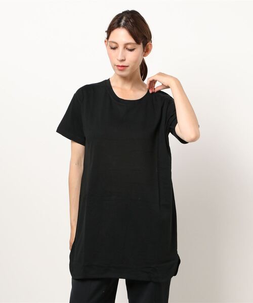 JEANS MATE(ジーンズメイト)の「Tチュニック ロング丈Tシャツ 汗染み防止加工素材 ビッグシルエット/オーバーサイズ 前後差(チュニック・レディース・ホワイト/ブラック/ピンク系その他/ライトグリーン/カーキ/ブルー/サックスブルー/ネイビー/ライトベージュ/ブラウン・MEDIUM/LARGE)」の2枚目の写真