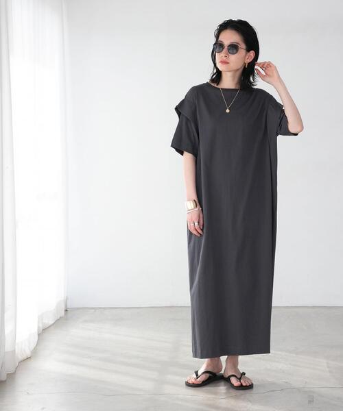 FEELING MADE(フィーリングメイド)の「FEELING MADE UVカット ショルダータック ロングワンピース(ワンピース・レディース・ライトブルー/パープル/ダークグレー/ダークグリーン・LARGE/MEDIUM)」の2枚目の写真