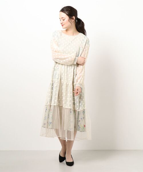 ワンピース ドレス Is花蝶柄ドットチュール異素材mixワンピース ワンピース Is Scolar イズスカラー のファッション