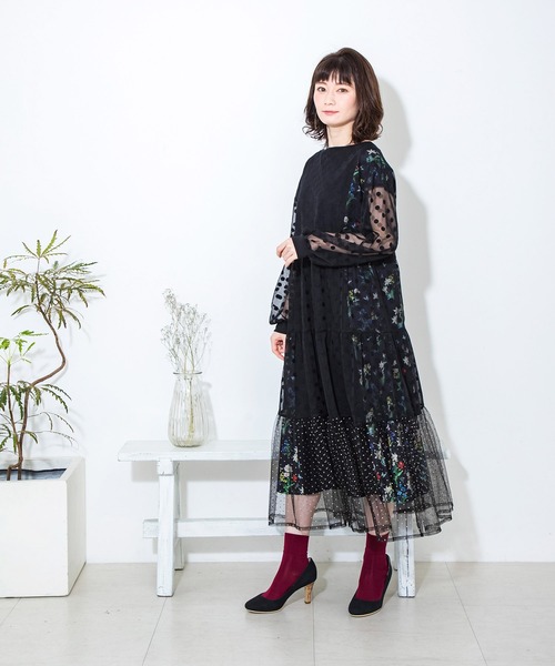 ワンピース Isscolar イズスカラー のファッション 花蝶柄ドットチュール異素材mixワンピース ワンピース Is
