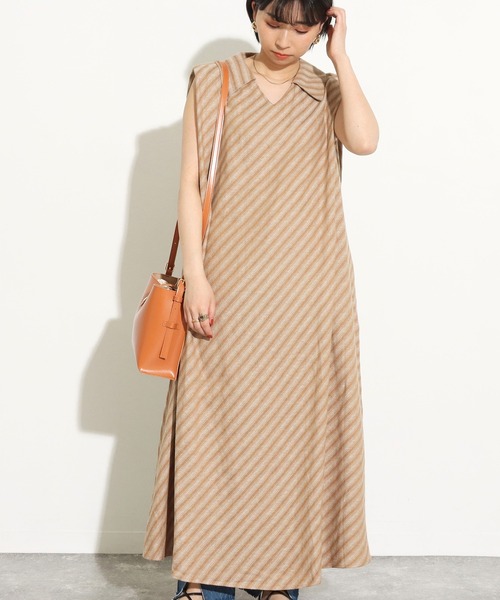 Factor=(ファクターイコール)の「斜めストライプリネンロングワンピース(ワンピース・レディース・ブラック/ベージュ/ライトベージュ・FREE)」の1枚目の写真
