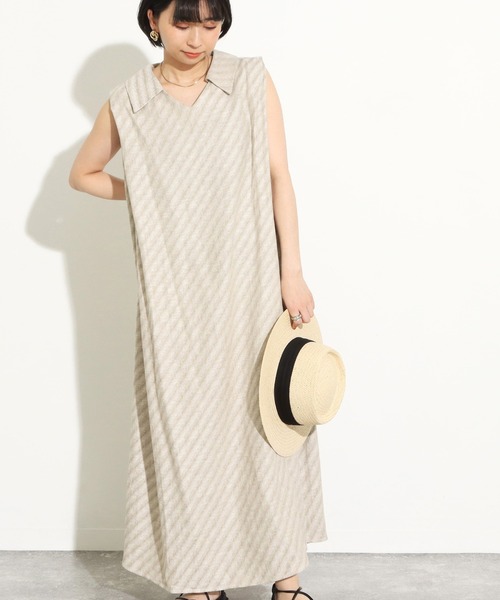 Factor=(ファクターイコール)の「斜めストライプリネンロングワンピース(ワンピース・レディース・ブラック/ベージュ/ライトベージュ・FREE)」の3枚目の写真