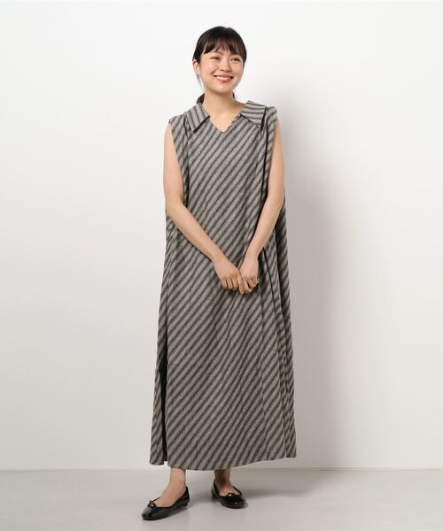 Factor=(ファクターイコール)の「斜めストライプリネンロングワンピース(ワンピース・レディース・ブラック/ベージュ/ライトベージュ・FREE)」の7枚目の写真