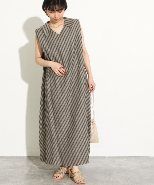Factor=(ファクターイコール)の「斜めストライプリネンロングワンピース(ワンピース・レディース・ブラック/ベージュ/ライトベージュ・FREE)」の22枚目の写真