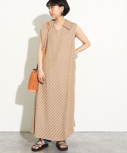 Factor=(ファクターイコール)の「斜めストライプリネンロングワンピース(ワンピース・レディース・ブラック/ベージュ/ライトベージュ・FREE)」の15枚目の写真