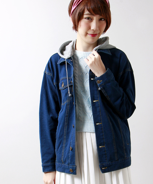 WEGO（ウィゴー）の「WEGO/フード付カットGジャン（デニムジャケット・レディース・ホワイト/ダークインディゴブルー/ライトインディゴブルー・FREE）」の2枚目の写真