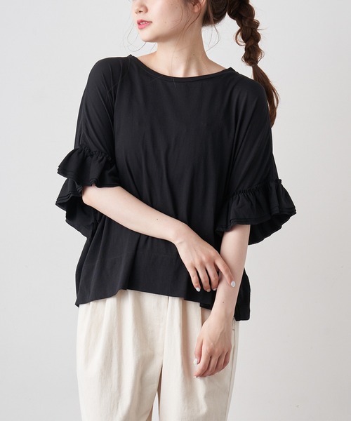 PUAL CE CIN（ピュアルセシン）の「オーガニック天竺フリルTシャツ（Tシャツ/カットソー・レディース・ブラック/ブラウン/オフホワイト・FREE）」の12枚目の写真